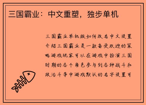 三国霸业：中文重塑，独步单机